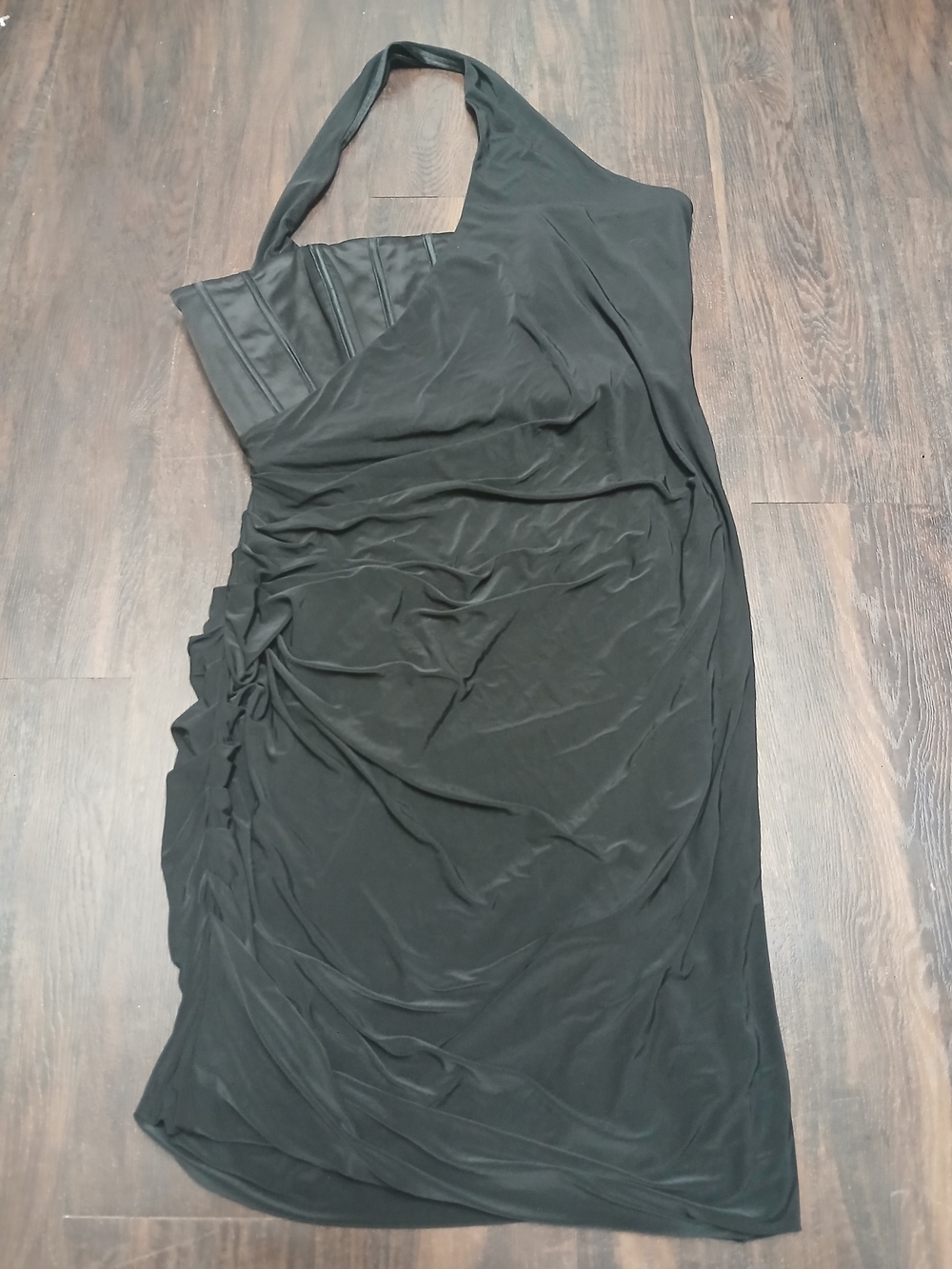 bebe Black One-Shoulder Ruched Halter Dress